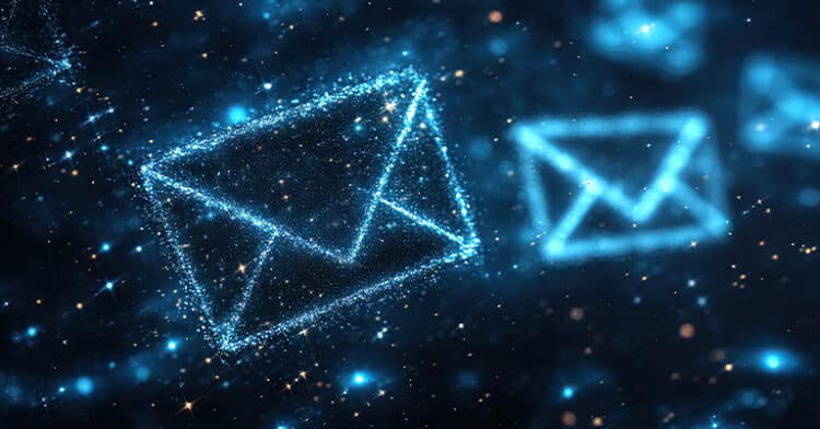 Digital envelopes formed by sparkling particles float through a glowing, starry blue background, symbolizing futuristic email communication.