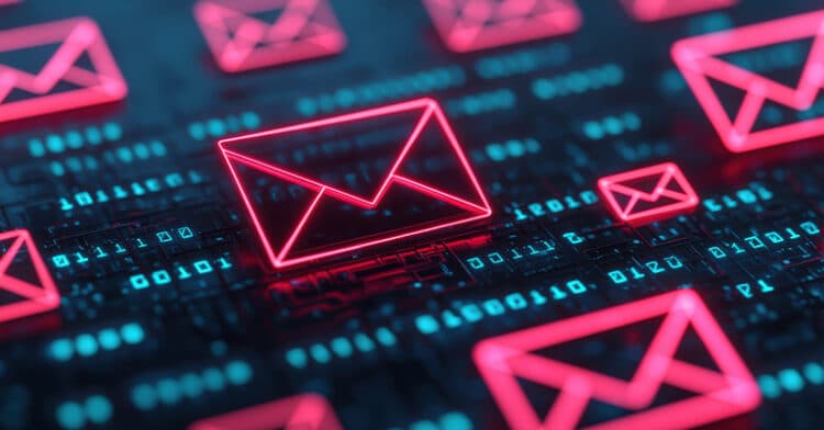 Multiple glowing red envelope icons float above a digital surface filled with binary code, representing data-driven email automation and communication.