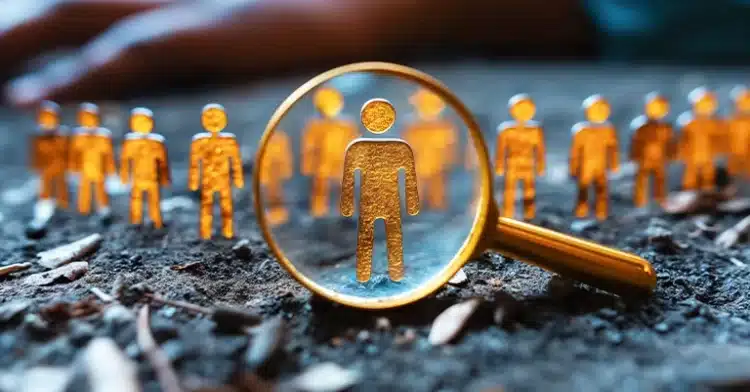 Magnified human figure, surrounded by smaller figures, on textured surface.