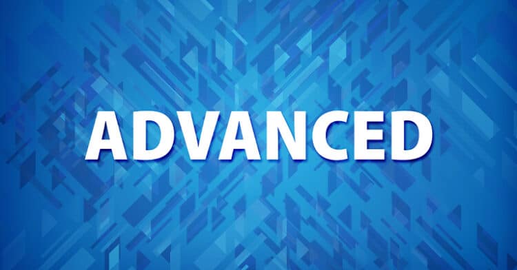 The word "ADVANCED" in bold white letters centered on a blue geometric background with diagonal overlapping shapes.