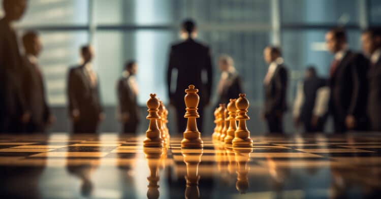 A row of chess pieces stands in focus on a board with blurred business professionals in the background, representing strategy and leadership.