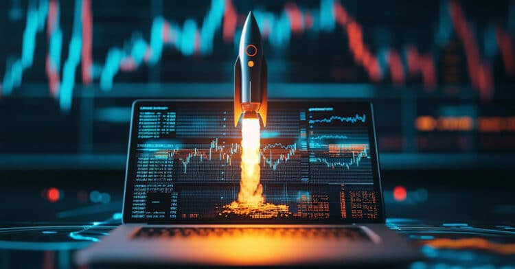 A rocket launches from a laptop screen filled with analytics and graphs, symbolizing rapid digital growth, performance, or marketing success.