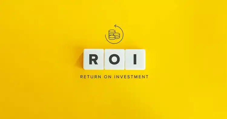 White tiles spelling out "ROI" with the phrase "Return on Investment" and a coin icon on a bright yellow background.