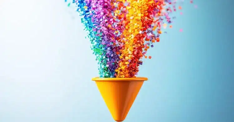 Multicolored particles flowing into a bright orange funnel, symbolizing data or content filtering.