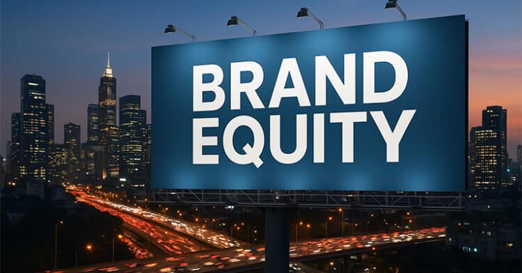A large blue billboard with the words "Brand Equity" displayed in bold white letters, set against a city skyline at night.