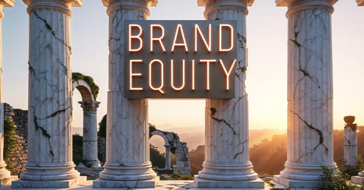 A neon sign with the words "Brand Equity" mounted on ancient marble columns in a sunlit landscape.
