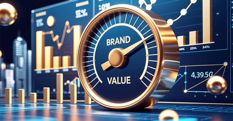 A shiny, golden dial reading "Brand Value" in the center, surrounded by charts and graphs in a digital blue interface.