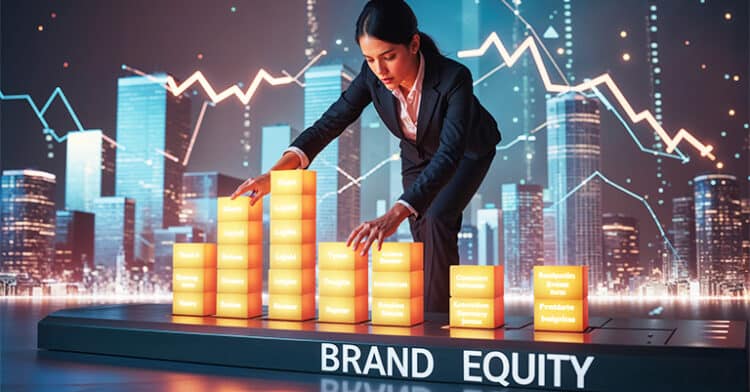 A businesswoman in a suit stacking glowing blocks labeled with branding terms on a platform that says "Brand Equity."