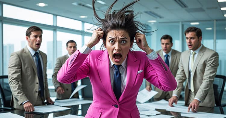 A stressed businesswoman in a bright pink suit screaming in frustration, surrounded by shocked male colleagues in suits.