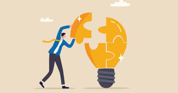 Illustration of a person assembling a lightbulb made of puzzle pieces, symbolizing ideas and problem-solving.