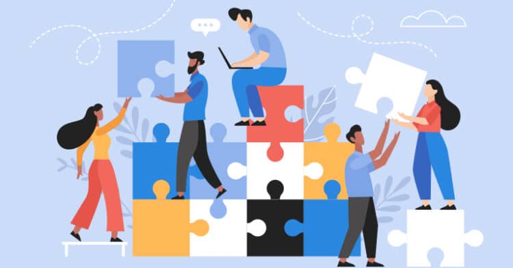 Illustration of diverse people assembling large colorful puzzle pieces, symbolizing teamwork, collaboration, and strategic planning.