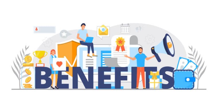 Illustration of people and icons around the word "BENEFITS," representing financial, emotional, and professional advantages.