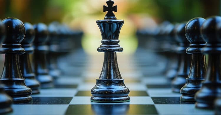 Close-up of a black king chess piece surrounded by pawns, symbolizing leadership, strategy, and central influence.