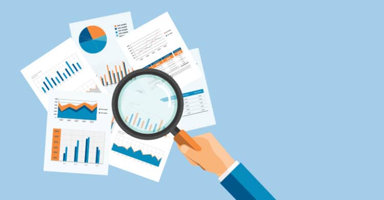 Illustration of a hand using a magnifying glass to examine marketing charts and graphs, representing data analysis and insights.