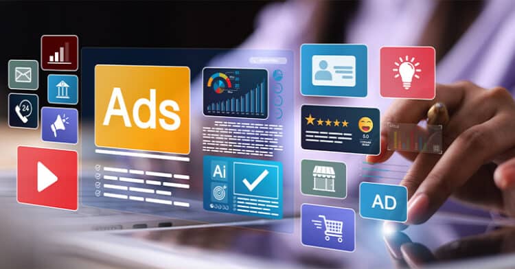 Hands interacting with digital advertising interface filled with colorful icons and marketing data on a tablet screen.
