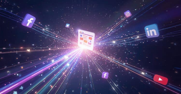 Colorful digital explosion of social media icons surrounding a glowing web page in a futuristic space.