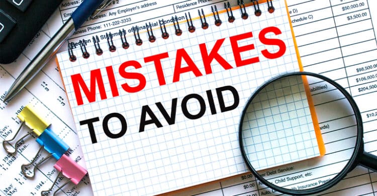 Undergrad Branding: How to Stand Out from the Crowd 7 Notebook with the words "MISTAKES TO AVOID" in bold red and black text placed over financial documents with a magnifying glass nearby. This visual represents undergrad branding by emphasizing common mistakes to avoid when analyzing and developing a brand strategy.
