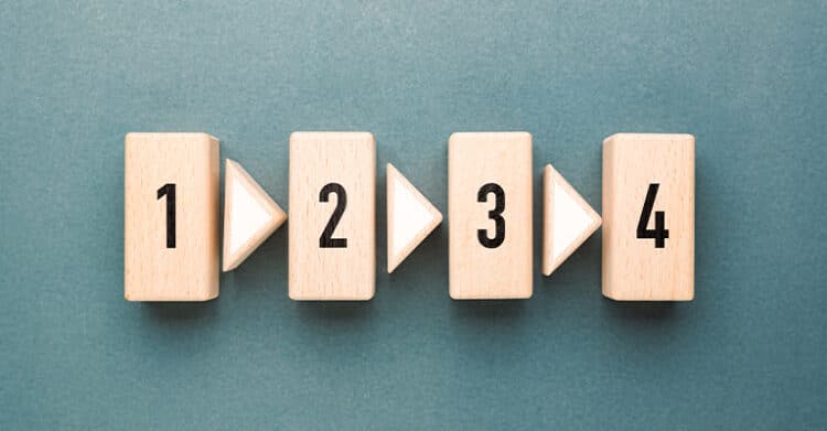 Wooden blocks arranged in a sequence on a teal background, labeled with the numbers 1 through 4 and separated by white arrow-shaped blocks pointing right. The layout visually represents a four-step process or progression.