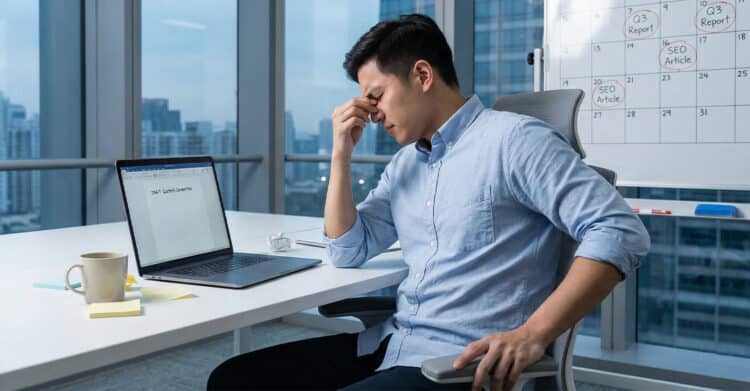 Blog Posts That Drive Traffic: The Complete Guide 3 A man sits at a modern office desk, looking stressed as he pinches the bridge of his nose in frustration. His laptop screen displays a document titled “DRAFT - Quarterly Content Plan,” and a whiteboard calendar behind him is filled with deadlines like “SEO Article” and “Q3 Report.”
