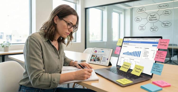 Blog Posts That Drive Traffic: The Complete Guide 4 A woman wearing glasses writes in a notebook while working at a desk, with her laptop screen displaying keyword research and SEO data. Several colorful Post-it notes are stuck to the edge of the laptop screen, listing terms like “Content Clusters: ‘SEO Basics’ ‘Video Strategy’,” and “Target Audience.” A tablet nearby shows an Instagram profile, and a mind map on the glass wall behind her highlights marketing ideas focused on millennials.