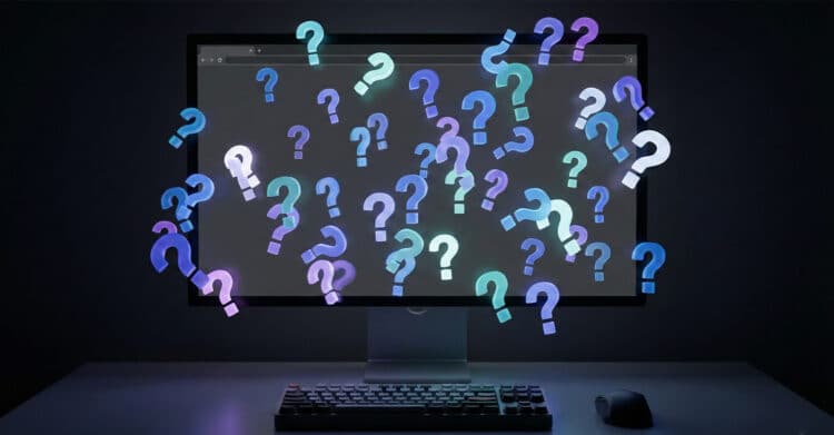 Blog Posts That Drive Traffic: The Complete Guide 7 A dark room with a desktop computer monitor displaying a flurry of glowing, colorful question marks in blue, purple, and teal. The floating symbols suggest confusion, information overload, or unanswered questions in a digital context.
