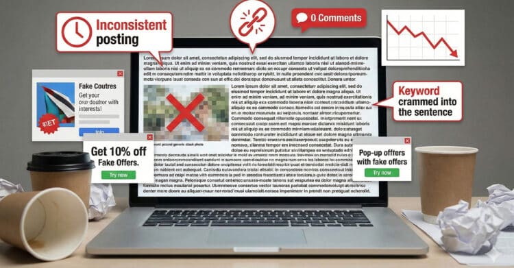 Blog Posts That Drive Traffic: The Complete Guide 9 A cluttered workspace with a laptop screen filled with examples of poor blog practices, including fake pop-up ads, pixelated stock images, and unreadable keyword-stuffed text. Callouts highlight issues like inconsistent posting, no engagement, broken links, and misleading offers, all contributing to low content performance and declining traffic.