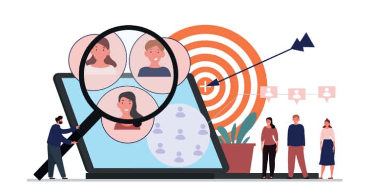 Illustration of audience research showing a laptop with multiple user profile avatars while a magnifying glass highlights three faces. A bullseye target with an arrow and a small group of people nearby emphasizes identifying and targeting the right audience.