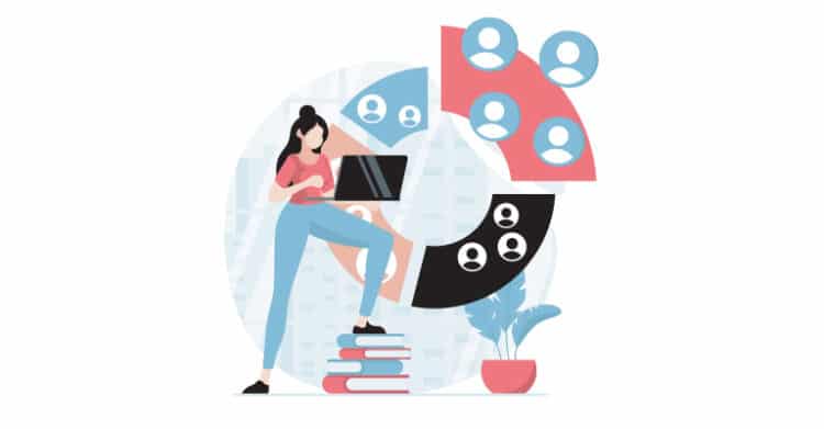 Illustration of audience research showing a person working on a laptop while seated on stacked books. Overlapping circles with user profile icons around them suggest segmenting and analyzing different audience groups.