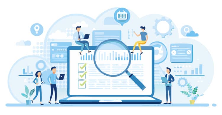 Illustration of audience research with a large laptop dashboard showing charts and a checklist while a magnifying glass highlights the data. People around the screen review analytics panels, suggesting analyzing performance and audience insights.
