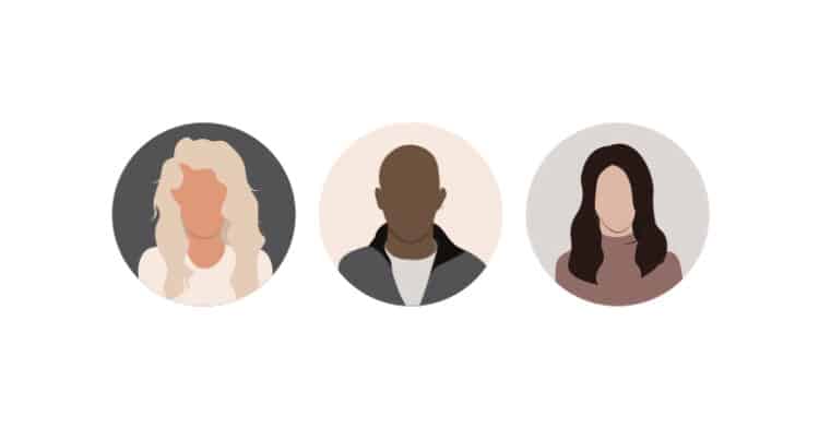 Illustration of audience research shown as three circular profile avatars in a row representing different customer personas. The simple lineup highlights comparing and segmenting audience types for targeting.