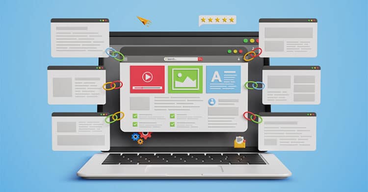 Illustration of audience research and content analysis with a laptop screen showing a web page layout with video, image, and text blocks. Multiple connected pop up windows surround the screen, suggesting tracking content performance and audience signals across pages.