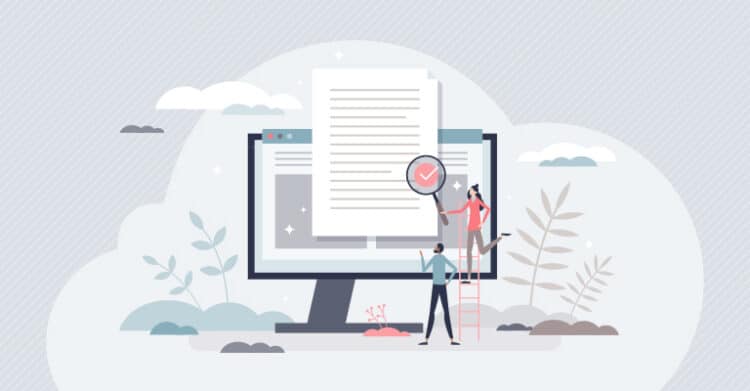 Illustration of audience research and content analysis with a laptop screen showing a web page layout with video, image, and text blocks. Multiple connected pop up windows surround the screen, suggesting tracking content performance and audience signals across pages.

Illustration of audience research and data review showing two people examining a large document on a computer monitor with a magnifying glass and check mark. The scene suggests verifying information and validating findings during audience research.