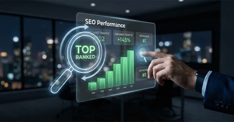 The Benefits of Blogging: Build Traffic, 4 A person in a suit points at a transparent screen showing an SEO Performance dashboard with a green bar chart increasing across months and a magnifying glass labeled TOP RANKED. The overlay includes metrics like organic traffic growth and keywords ranking number one.