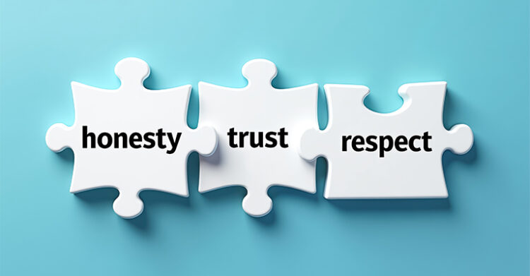 The Benefits of Blogging: Build Traffic, 5 Three white jigsaw puzzle pieces on a light blue background display the words honesty, trust, and respect in bold black text. The pieces are aligned in a row to suggest these values fit together.