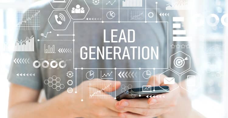 The Benefits of Blogging: Build Traffic, 6 A person holds a smartphone while a digital overlay displays the words LEAD GENERATION surrounded by marketing and analytics icons like charts, a target, an email symbol, and star ratings. The image suggests tracking and capturing leads through data driven digital campaigns.