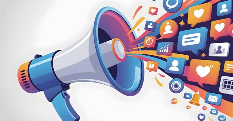 The Benefits of Blogging: Build Traffic, 8 A colorful illustration of a megaphone blasting out social media icons like hearts, chat bubbles, user profiles, and notifications to represent digital marketing and audience engagement. The image emphasizes spreading a message across multiple online channels.
