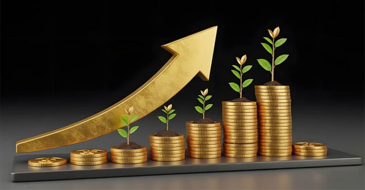 The Benefits of Blogging: Build Traffic, 9 A gold upward arrow rises above stacked coins with small green plants sprouting from each pile, symbolizing steady financial growth and increasing returns. The black background keeps the focus on the progression from smaller to larger coin stacks.
