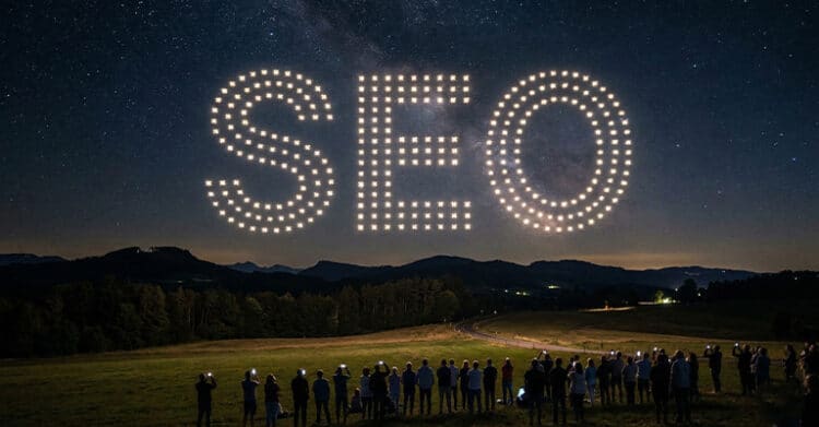 Night sky above a rural landscape with a crowd gathered in a field watching hundreds of lights form the word "SEO" overhead. The dramatic scene suggests content optimization as a big attention grabbing spectacle against the dark mountains and stars.