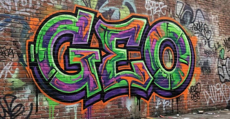Colorful graffiti painted on a brick wall spells "GEO" in large green and purple letters outlined in orange, surrounded by smaller tags and street art markings. The bold urban mural gives content optimization a creative edge while visually highlighting generative engine optimization.