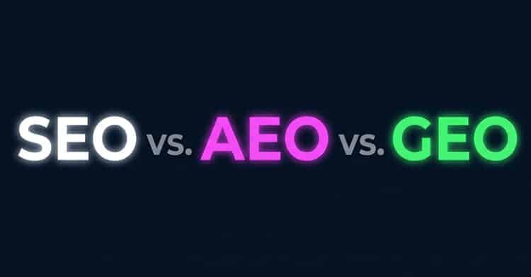 Dark background graphic with glowing text that reads "SEO vs. AEO vs. GEO" in white pink and green letters. The side by side comparison clearly frames content optimization as the difference between search engine optimization answer engine optimization and generative engine optimization.