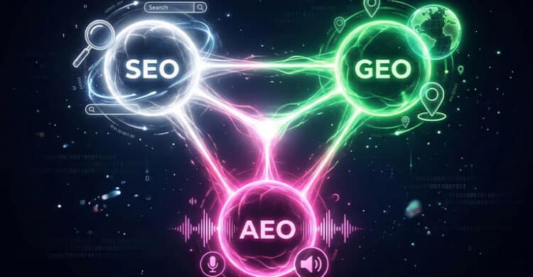Futuristic dark background graphic shows glowing spheres labeled "SEO" "AEO" and "GEO" connected by bright white pink and green energy lines. Search voice and location icons around the spheres reinforce content optimization across search answer engines and generative discovery.