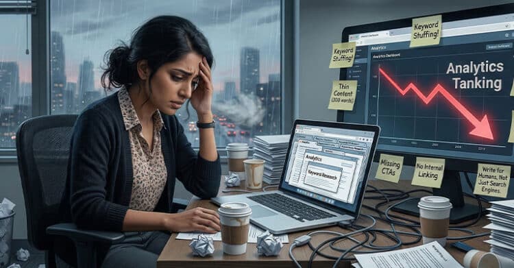 A woman sits at a cluttered desk in a rainy office, holding her head while looking stressed at a laptop and a large monitor showing a falling chart labeled "Analytics Tanking." Sticky notes around the screens read "Keyword Stuffing," "Thin Content 300 words," "Missing CTAs," "No Internal Linking," and "Write for Humans, Not Just Search Engines," making the scene a clear warning about poor content optimization practices.