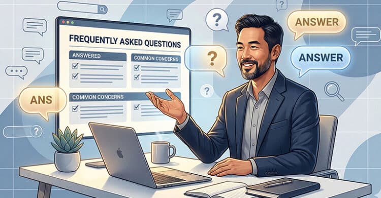Illustrated office scene shows a man smiling at his desk beside a laptop and a large screen titled "FREQUENTLY ASKED QUESTIONS" with sections labeled "ANSWERED" and "COMMON CONCERNS." Speech bubbles around him say "ANSWER" and "ANS," making the image a clear visual for content optimization focused on answering user questions.