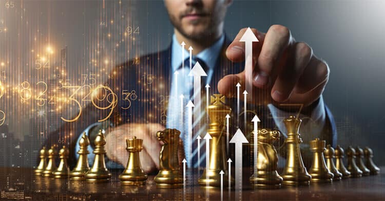 A businessman in a suit moves a chess piece across a board of gold chess pieces while white upward arrows and glowing numbers overlay the scene. The composition suggests digital strategy, growth, and data driven decision making in a competitive business setting.