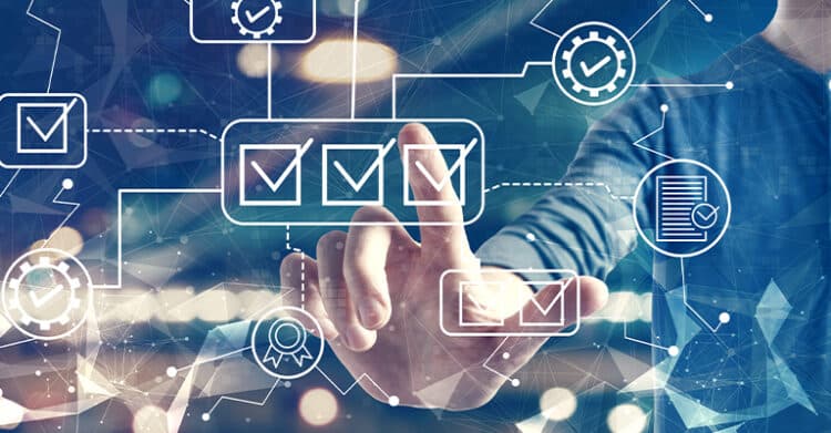 A person reaches toward a digital interface filled with connected checkboxes, approval icons, and document symbols layered over a blue technology background. The image supports digital strategy by showing workflow management, task completion, and organized execution across digital processes.