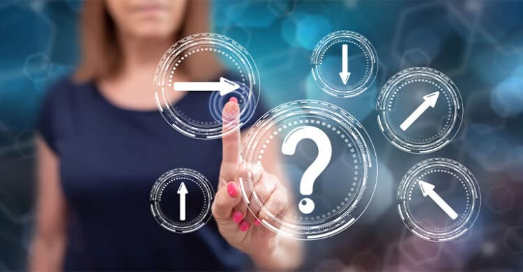 A woman reaches forward to press a digital interface with a large question mark at the center, surrounded by circular icons with arrows pointing in different directions. The scene supports digital strategy by showing evaluation, choice, and decision making among multiple possible paths.