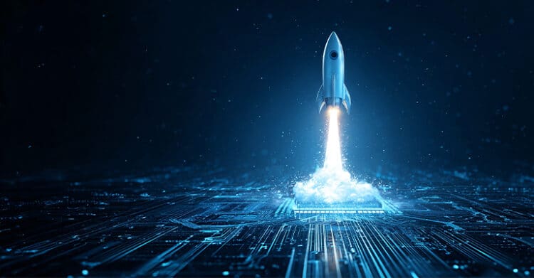 A rocket lifts off from a glowing launch point on a blue circuit board against a dark background filled with light particles. The image supports digital strategy by suggesting rapid growth, innovation, and the launch of a high impact digital initiative.