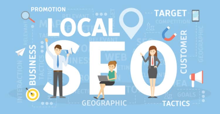 What Is Local SEO? A Complete Guide for Small Businesses 3 Illustration representing local SEO strategy with large text “LOCAL SEO” in the center. Surrounding icons show marketing concepts like promotion, target customer, geographic tactics, business growth, and a magnet attracting customers.