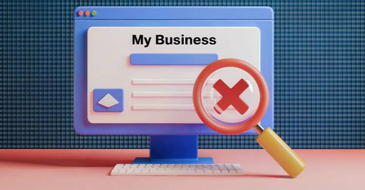 What Is Local SEO? A Complete Guide for Small Businesses 12 3D computer screen displays “My Business” while a magnifying glass with a red X covers the listing. The illustration represents a local SEO problem such as an unverified profile, listing error, or visibility issue affecting a business presence in search.