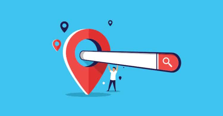 What Is Local SEO? A Complete Guide for Small Businesses 4 Large red location pin with a search bar pushed through the center on a blue background. Small map markers and a person raising their arms beside the pin visually represent local SEO and location based search.